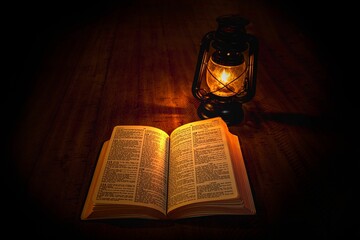 Open book and an old lamp on a table