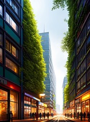a street in a busy city with people and plants growing on buildings