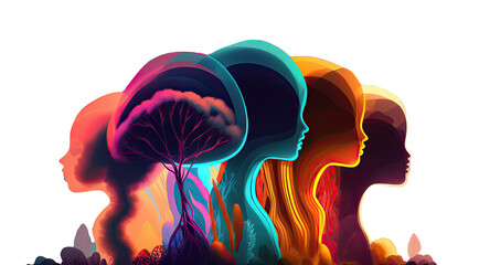 Abstract background with silhouettes of women's faces on a grid. Generative ai illustration