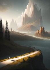 illustration of a path next to a large lake with a tall and rocky mountain in the background