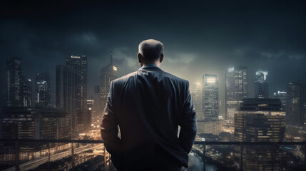Fototapeta na wymiar Rear view of confident businessman looking at night city with foggy buildings.generative ai