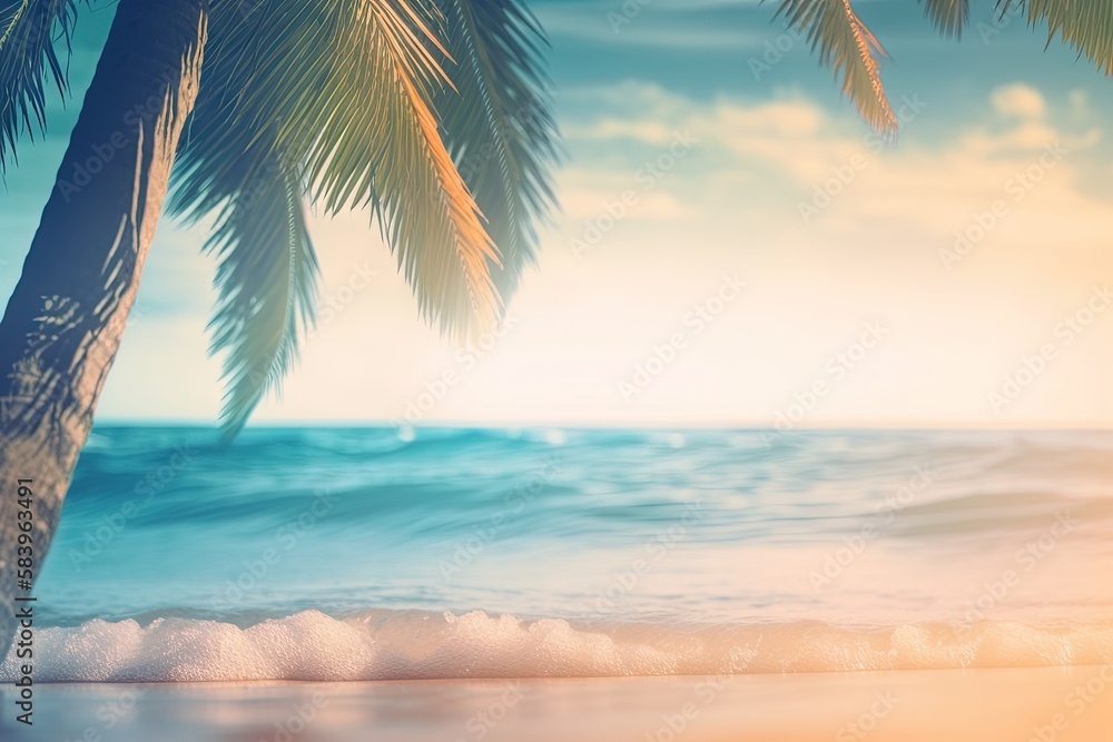 Poster a palm tree on a beach with the sun shining through the clouds. generative ai