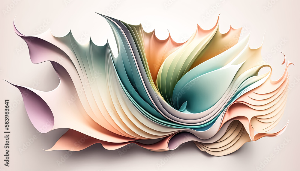 Poster delicate shapes of muted pastel colors gently drift across a simple white background - generative ai