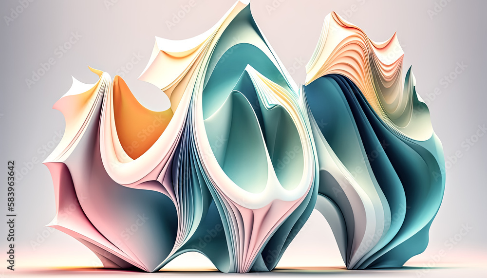 Poster delicate shapes of muted pastel colors gently drift across a simple white background - generative ai