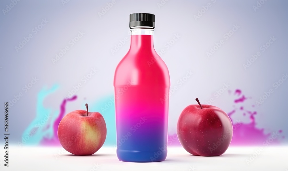 Poster a bottle of juice and two apples on a table with a blue and pink background. generative ai