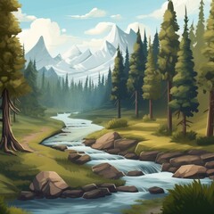 Mountain river and trees game art