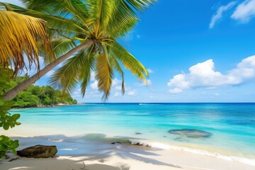 Fototapeta na wymiar a tropical beach with a palm tree on the shore of the ocean. generative ai