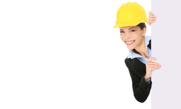 Engineer entrepreneur architect business woman showing blank white sign for copy space. Young multiracial young professional wearing suit and hard hat Isolated on transparent background in PNG cutout. - Powered by Adobe