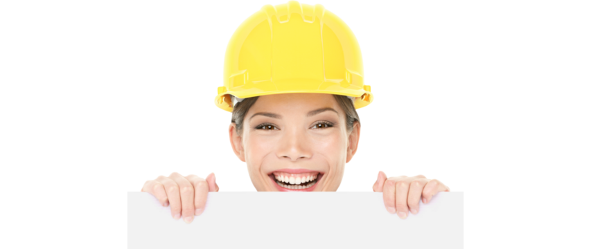 Construction worker engineer woman showing sign wearing yellow hard hat. Happy young woman holding peaking over white blank billboard card. Woman Isolated on transparent background in PNG cutout. - Powered by Adobe