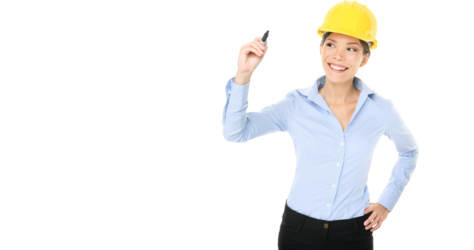 Engineer entrepreneur architect woman writing with pen showing copy space for your text or design. Young mixed race female professional. Woman Isolated on transparent background in PNG cutout.