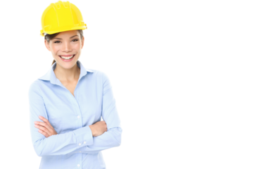 Engineer entrepreneur or architect business woman. Portrait of smiling happy proud confident young multiracial female professional wearing yellow hard hat isolated on transparent background PNG cutout
