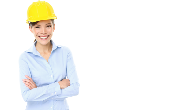 Engineer entrepreneur or architect business woman. Portrait of smiling happy proud confident young multiracial female professional wearing yellow hard hat isolated on transparent background PNG cutout