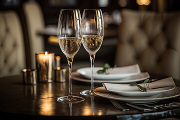 Restaurant interior with two glasses of champagne on the table. Romantic dating in luxury restaurant. Decorations for event. Created with Generative AI - obrazy, fototapety, plakaty