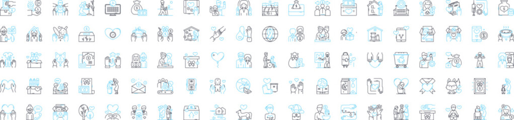 Charity vector line icons set. philanthropy, benevolence, donation, helping, compassion, kindness, kindness illustration outline concept symbols and signs