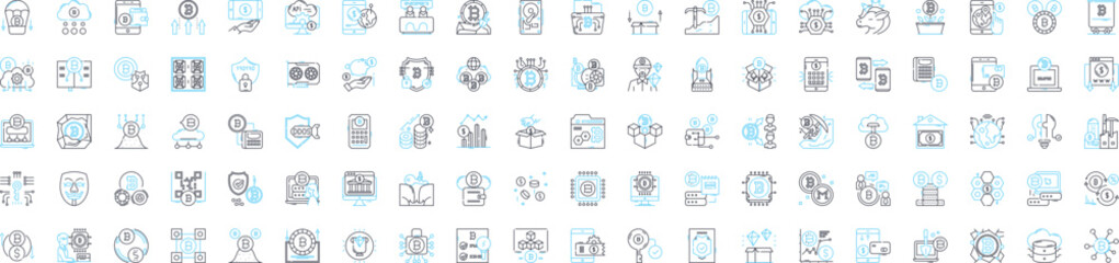Fototapeta na wymiar Crypto tech vector line icons set. Cryptocurrency, Blockchain, Mining, Security, Trading, Exchange, Algorithm illustration outline concept symbols and signs