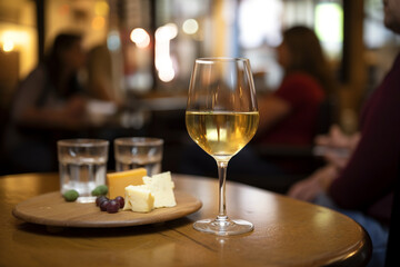 Obraz premium photo of a glass of white wine in a restaurant