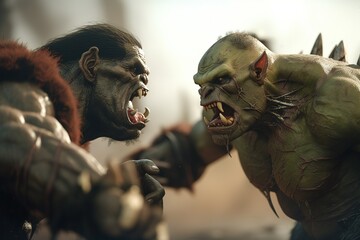 Two Orcs are fighting each other. Cinematic and realistic look. Generative AI.