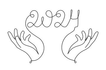 Hands hold 2024 one line art, hand drawn continuous contour. Holiday concept, festive New year handwriting text, minimalist design. Editable stroke. Isolated. Vector illustration