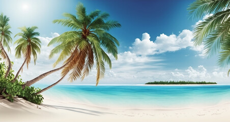 Fototapeta na wymiar Tropical island with palm trees, selective focus, Generative Ai,