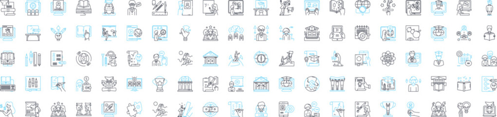 Online courses vector line icons set. E-learning, Training, Webinars, Tutorials, Distance Education, MOOCs, Lectures illustration outline concept symbols and signs