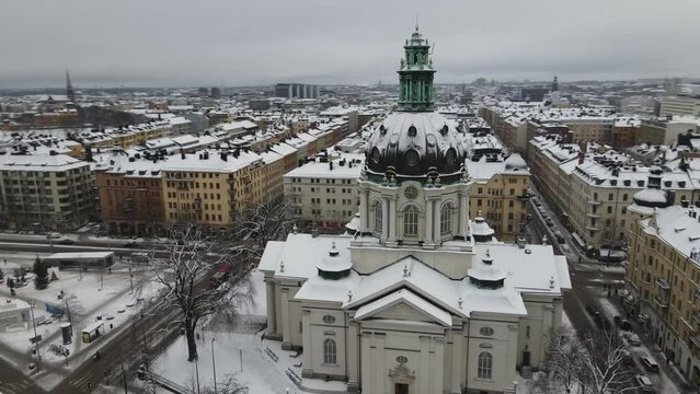 Aerial Video Of Stockholm, Sweden, Gustaf Vasa Odenplan Church