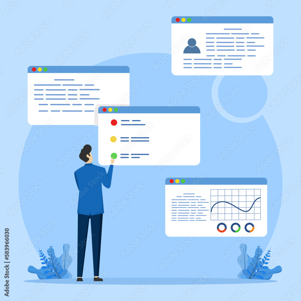 Poster website map concept, sitemap, online navigation of internet pages, character using web menu connecte