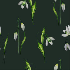 Watercolor snowdrops pattern on dark background. Spring flowers seamless pattern.