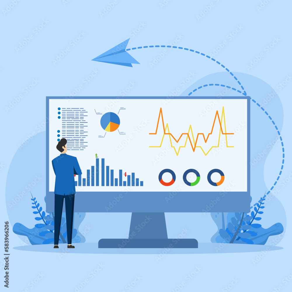 Poster software concept for system data monitoring, control panel or dashboard. people looking at diagrams 