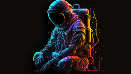 Fototapeta na wymiar Neon astronaut on black background, selective focus, Generative AI,