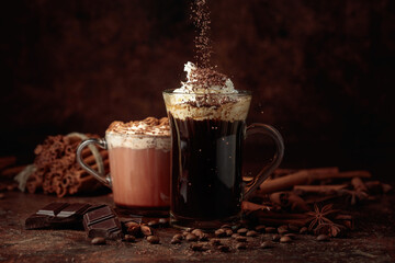 Coffee and hot chocolate with whipped cream.