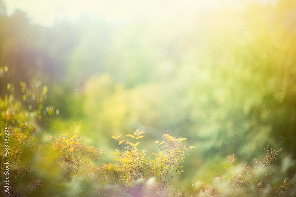 Poster a blurry photo of a forest with trees in the background. generative ai