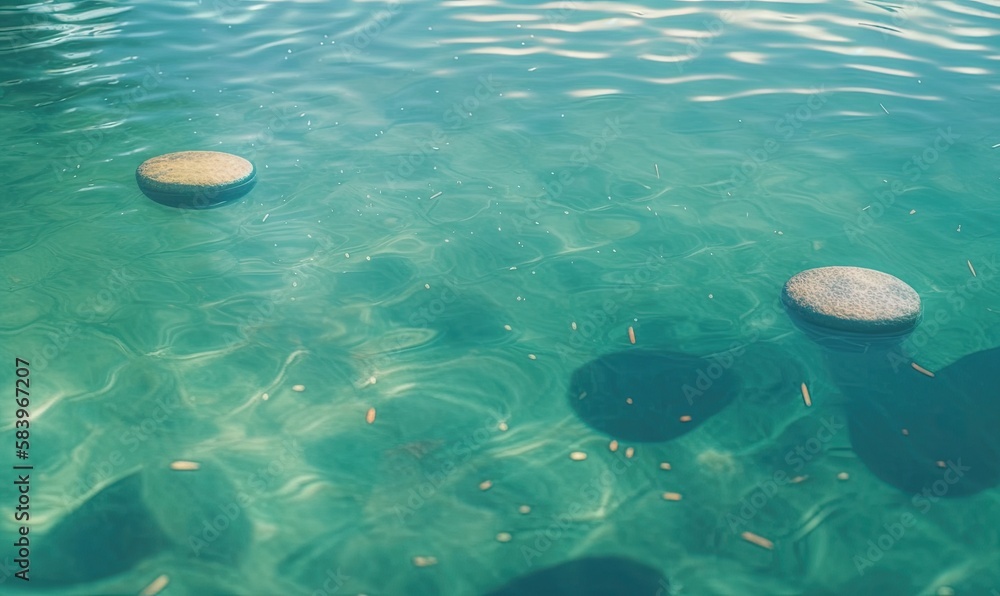 Poster three rocks floating in the water near a shore line with a boat in the background. generative ai