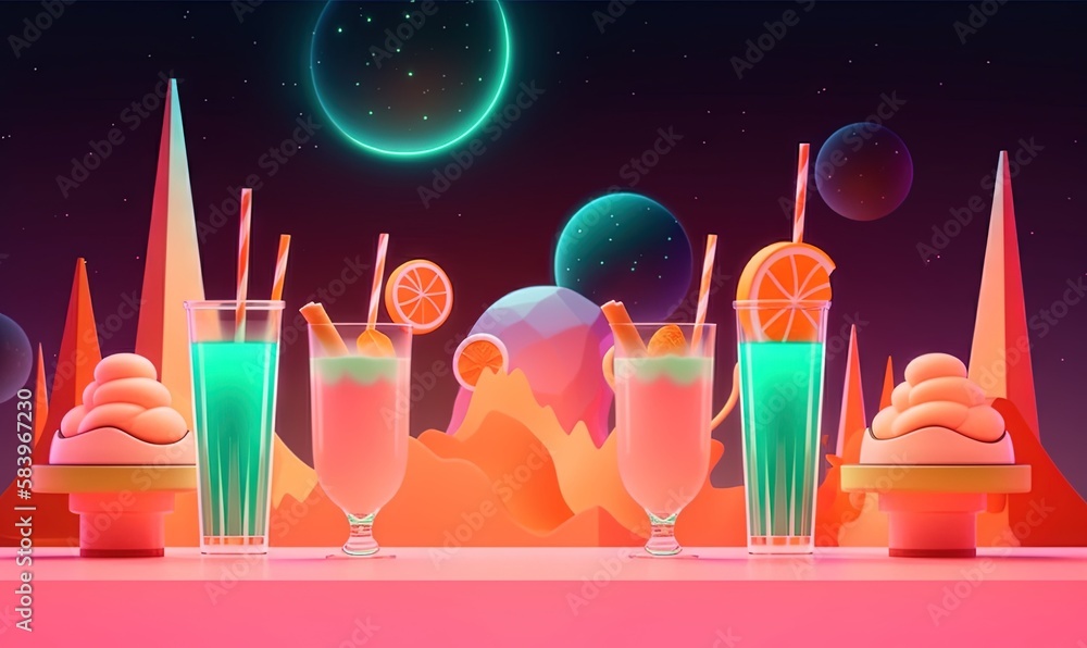 Poster a group of drinks sitting on top of a table next to each other. generative ai