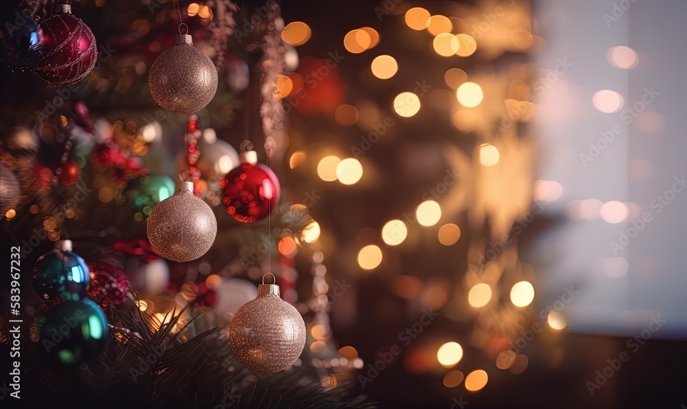 Poster a christmas tree with ornaments on it in front of a window