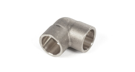 Steel fitting for plumbing pipes, connector for two different sizes, 90 degree angle