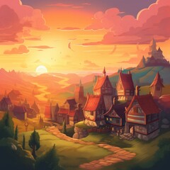 Sunset landscape and village, castle in the distance game art