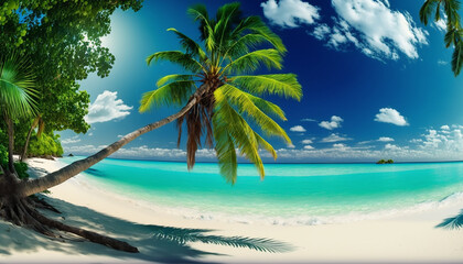 Fototapeta na wymiar Tropical island with palm trees, selective focus, Generative Ai,
