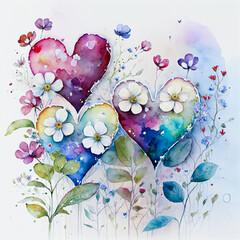 Valentine Day Watercolor animals, flowers and hearts love couple. Generative AI.