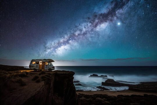 Caravan standing on top of a cliff surrounded by a detailed milky way on the sky. Night shot. Summer. Generative AI.