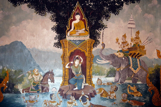 Fresco depicting a scene of the Buddha's life in Wat Phra Doi Suthep, Chiang Mai. Phra Mae Thorani  twists her long hair and torrents of water create a flood. Thailand