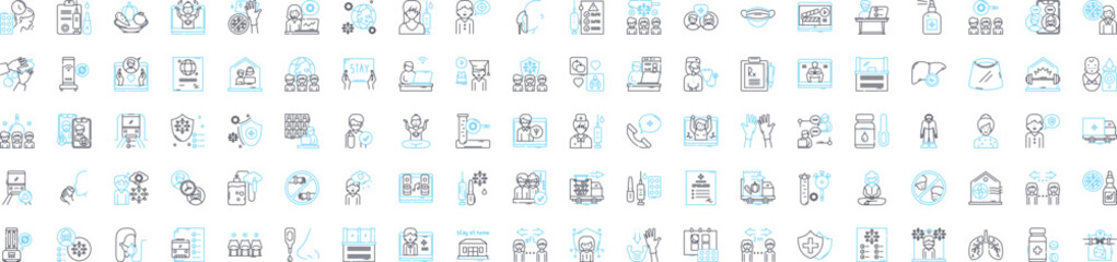 Covid vector line icons set. Covid, Pandemic, Virus, Coronavirus, Lockdown, Infection, Testing illustration outline concept symbols and signs