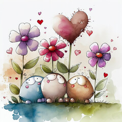 Valentine Day Watercolor animals, flowers and hearts love couple. Generative AI.