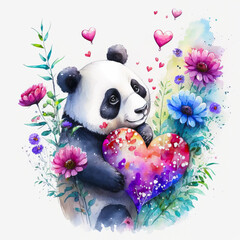 Valentine Day Watercolor animals, flowers and hearts love couple. Generative AI.