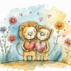 Valentine Day Watercolor animals, flowers and hearts love couple. Generative AI.