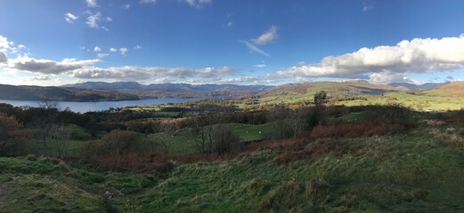 Mountain View with rugged countryside and  a dramatic blue sky background. Cumbria England. 