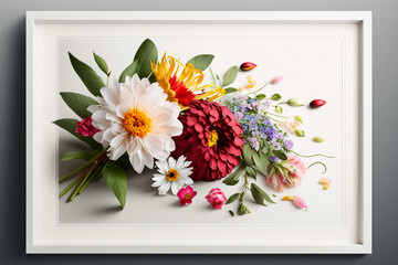 Beautiful Flowers in Decorative Frame on White Background