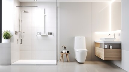 modern bathroom interior with shower and toilet, white design, minimalist, Generative AI - obrazy, fototapety, plakaty