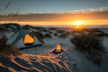 Small tent on the beach at sunset next to a campfire. Sunset shot. Summer. Generative AI.