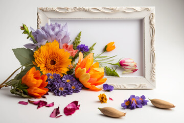 Beautiful Flowers in Decorative Frame on White Background