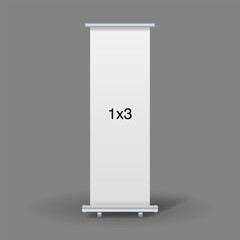 An empty standee or rollup banner display mockup on isolated white background. Display mockup for presentation or exhibition product. Vertical blank roll up stand template in 1x3 sizes.